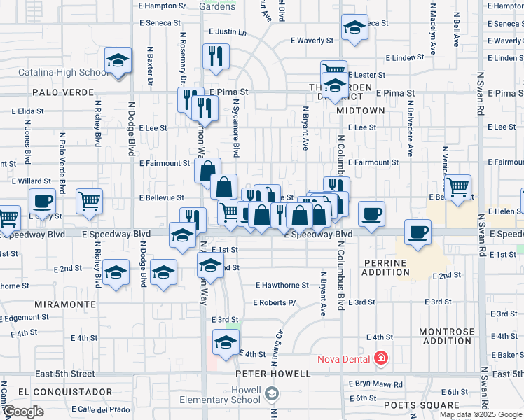 map of restaurants, bars, coffee shops, grocery stores, and more near 4044 East Dryden Lane in Tucson