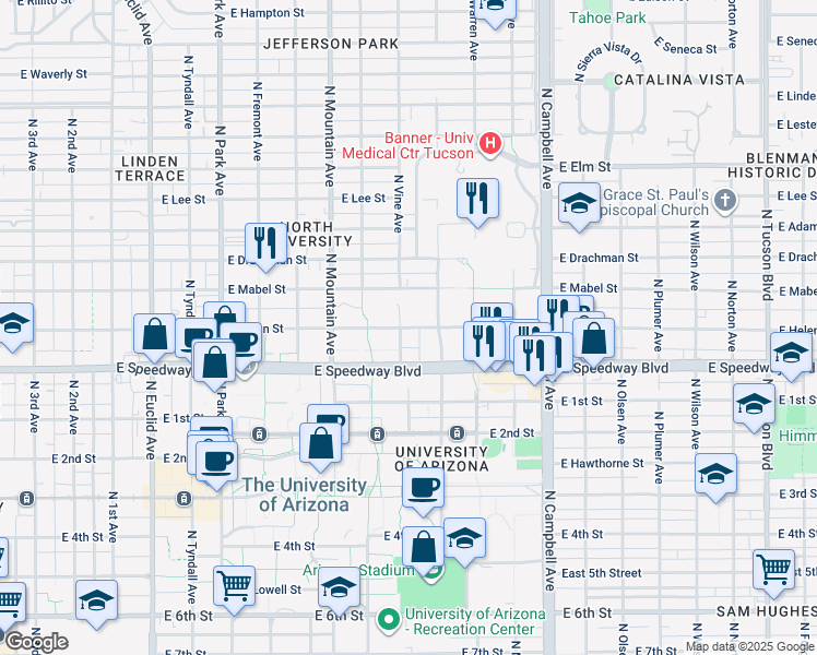 map of restaurants, bars, coffee shops, grocery stores, and more near East Helen Street in Tucson