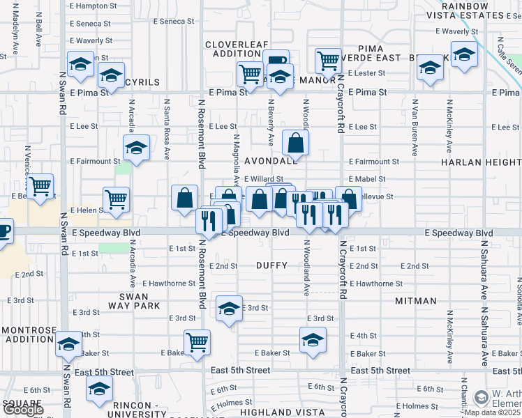 map of restaurants, bars, coffee shops, grocery stores, and more near 5220 East Bellevue Street in Tucson