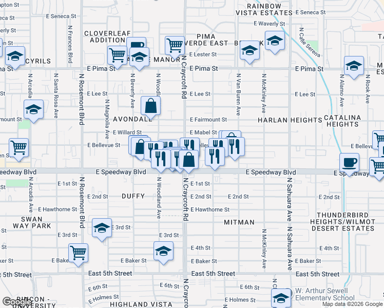 map of restaurants, bars, coffee shops, grocery stores, and more near 5501 East Bellevue Street in Tucson