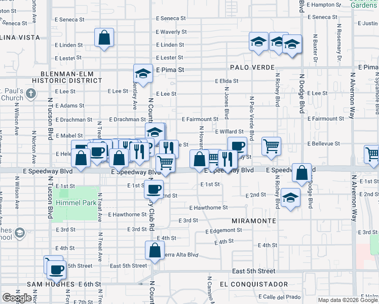 map of restaurants, bars, coffee shops, grocery stores, and more near 3234 East Bellevue Street in Tucson