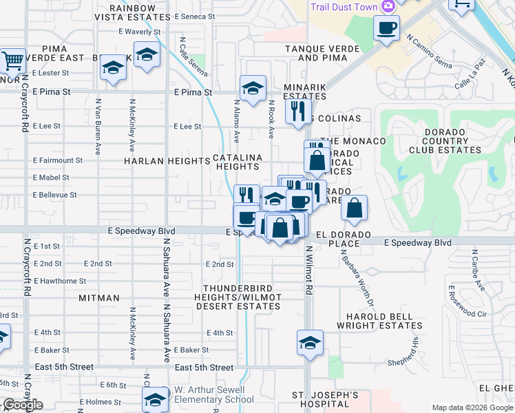 map of restaurants, bars, coffee shops, grocery stores, and more near 6160 East Bellevue Street in Tucson