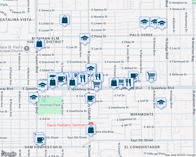 map of restaurants, bars, coffee shops, grocery stores, and more near 1219 North Camilla Boulevard in Tucson