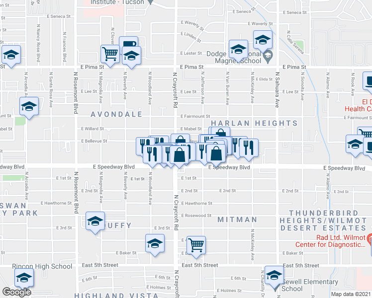 map of restaurants, bars, coffee shops, grocery stores, and more near 5554 East Bellevue Street in Tucson