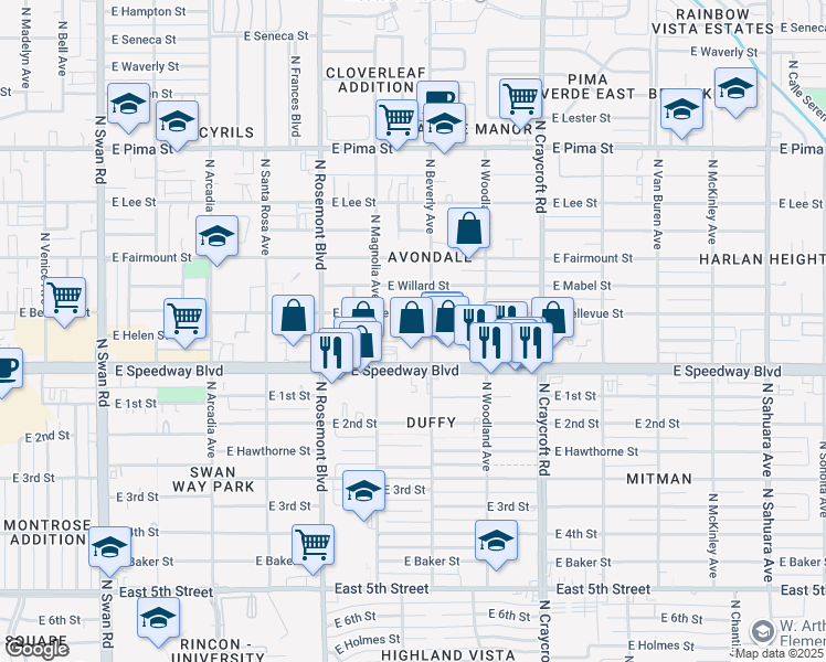 map of restaurants, bars, coffee shops, grocery stores, and more near 5250 East Bellevue Street in Tucson