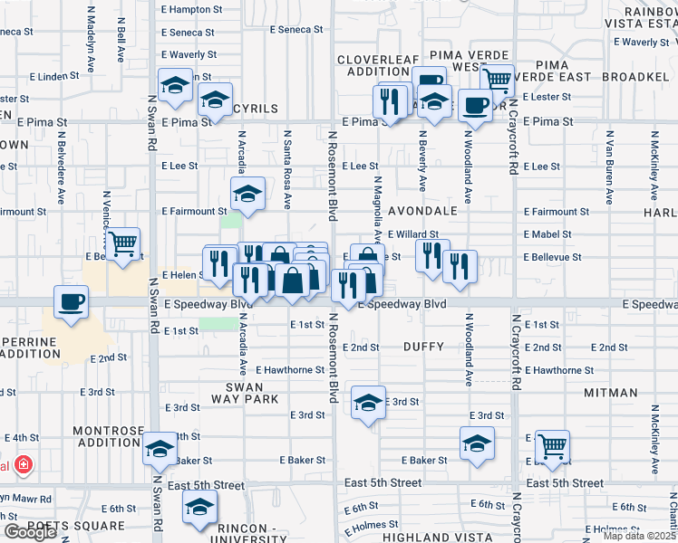 map of restaurants, bars, coffee shops, grocery stores, and more near 5062 East Bellevue Street in Tucson