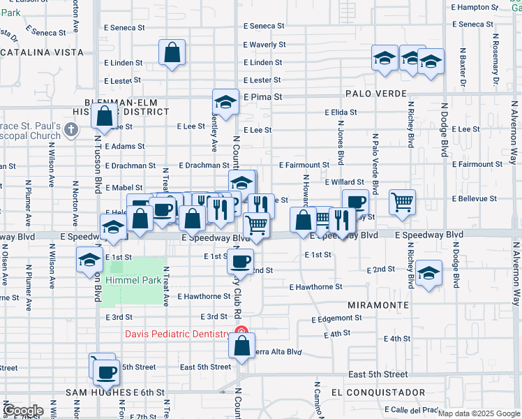 map of restaurants, bars, coffee shops, grocery stores, and more near 1219 North Camilla Boulevard in Tucson