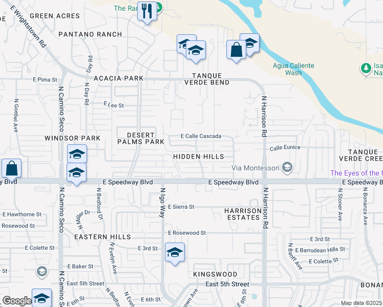 map of restaurants, bars, coffee shops, grocery stores, and more near 9201 East Calle Kuehn in Tucson