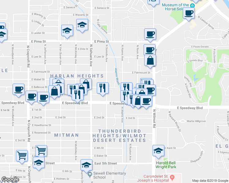 map of restaurants, bars, coffee shops, grocery stores, and more near 6032 East Bellevue Street in Tucson