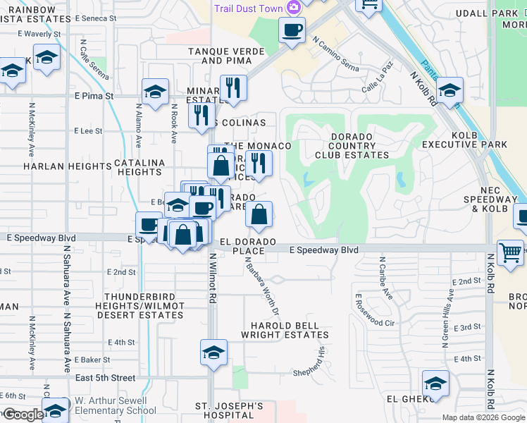 map of restaurants, bars, coffee shops, grocery stores, and more near 1150 North El Dorado Place in Tucson