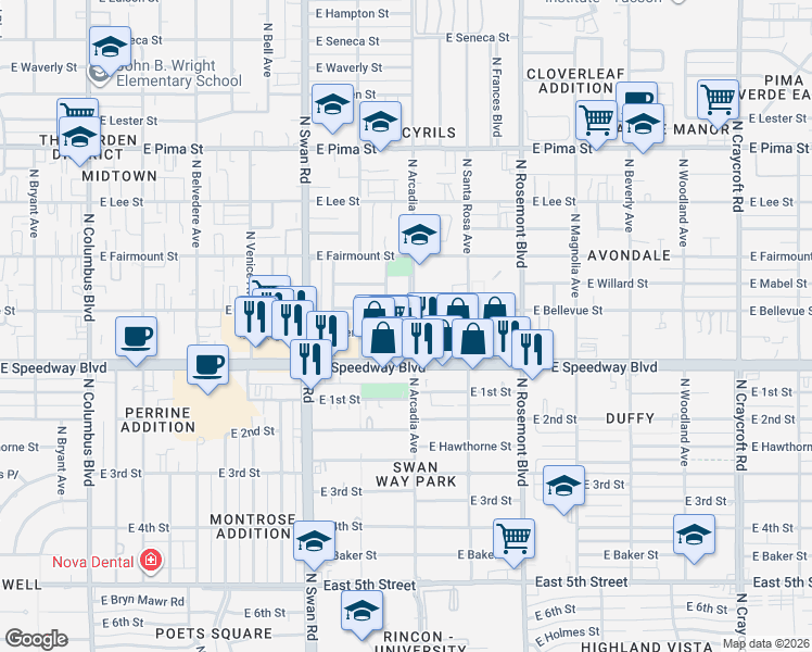 map of restaurants, bars, coffee shops, grocery stores, and more near 4834 East Bellevue Street in Tucson