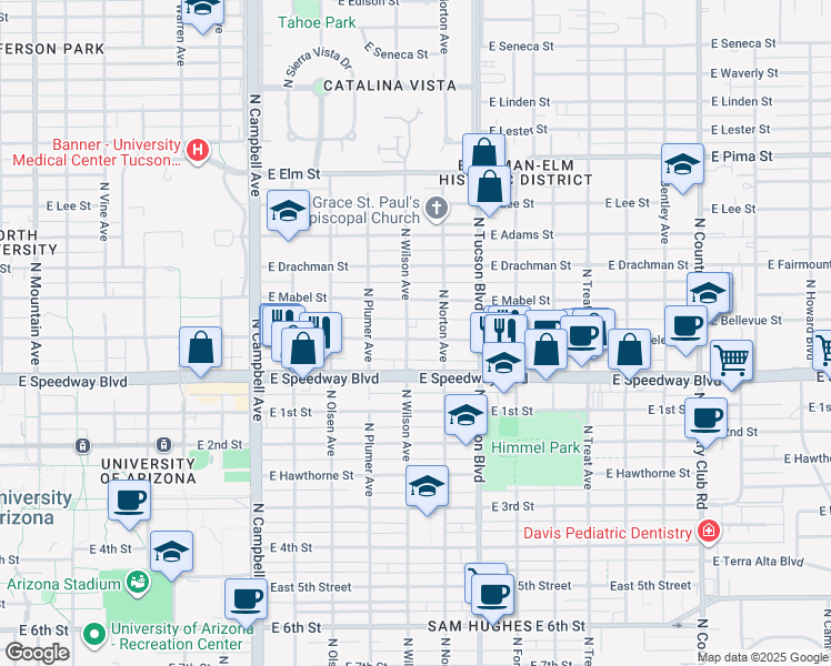map of restaurants, bars, coffee shops, grocery stores, and more near 2305 East Helen Street in Tucson