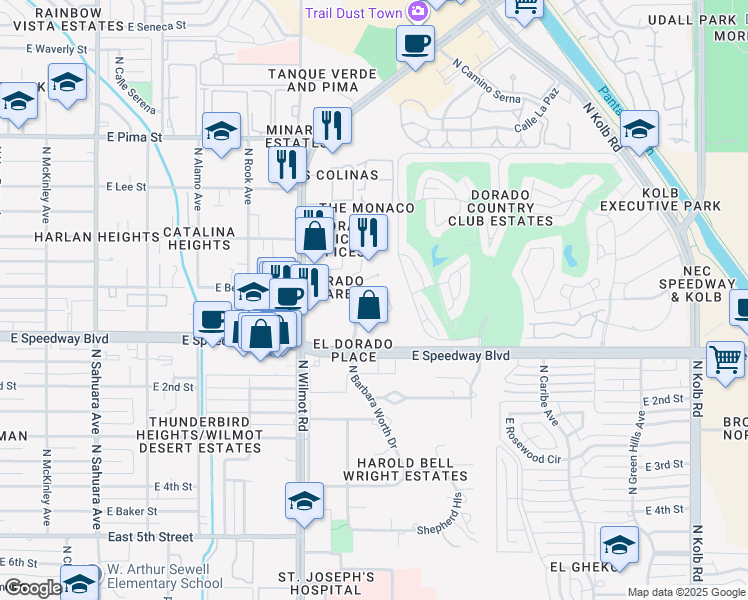 map of restaurants, bars, coffee shops, grocery stores, and more near 1150 North El Dorado Place in Tucson