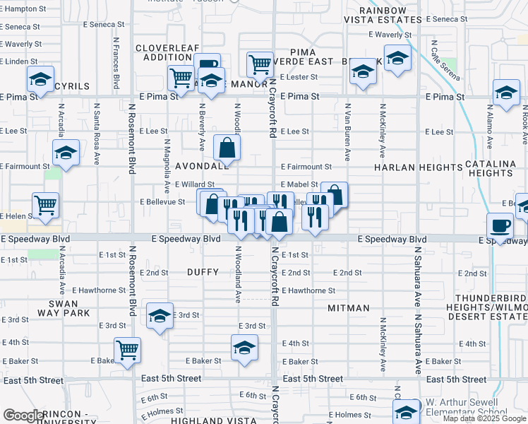 map of restaurants, bars, coffee shops, grocery stores, and more near 5501 East Bellevue Street in Tucson