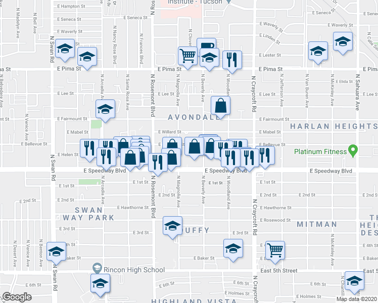 map of restaurants, bars, coffee shops, grocery stores, and more near 5204 East Bellevue Street in Tucson