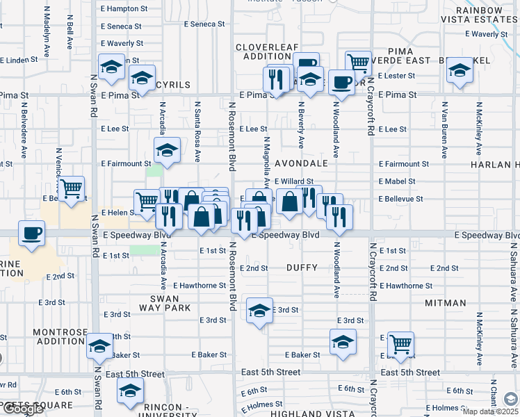 map of restaurants, bars, coffee shops, grocery stores, and more near 5126 East Bellevue Street in Tucson
