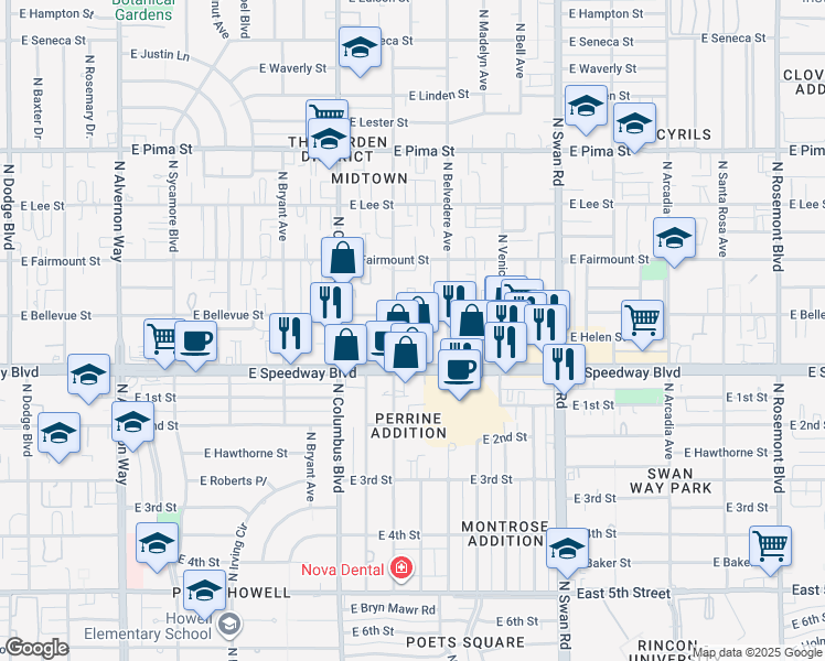 map of restaurants, bars, coffee shops, grocery stores, and more near 4419 East Bellevue Street in Tucson
