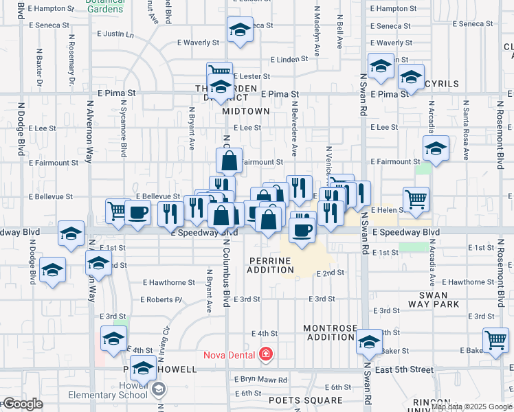 map of restaurants, bars, coffee shops, grocery stores, and more near 4361 East Bellevue Street in Tucson
