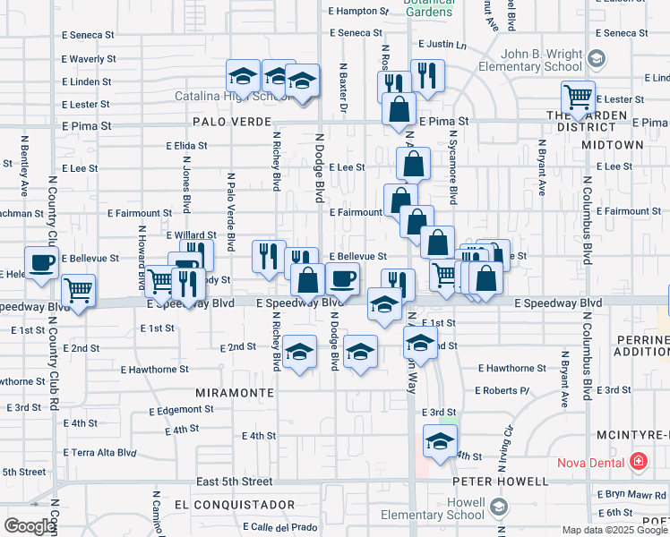 map of restaurants, bars, coffee shops, grocery stores, and more near 3719 East Bellevue Street in Tucson