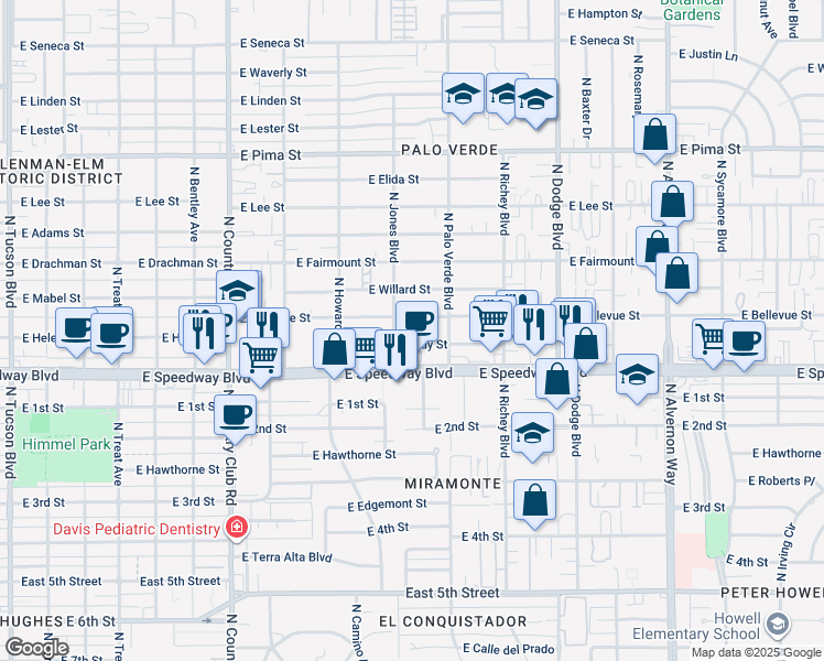 map of restaurants, bars, coffee shops, grocery stores, and more near 3443 East Bellevue Street in Tucson