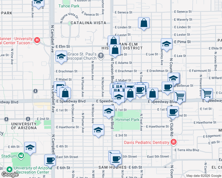 map of restaurants, bars, coffee shops, grocery stores, and more near 1227 North Tucson Boulevard in Tucson