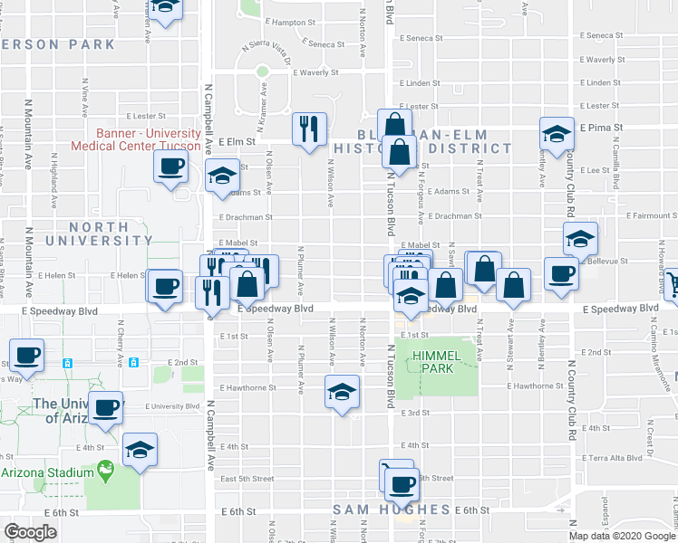map of restaurants, bars, coffee shops, grocery stores, and more near 1221 North Wilson Avenue in Tucson