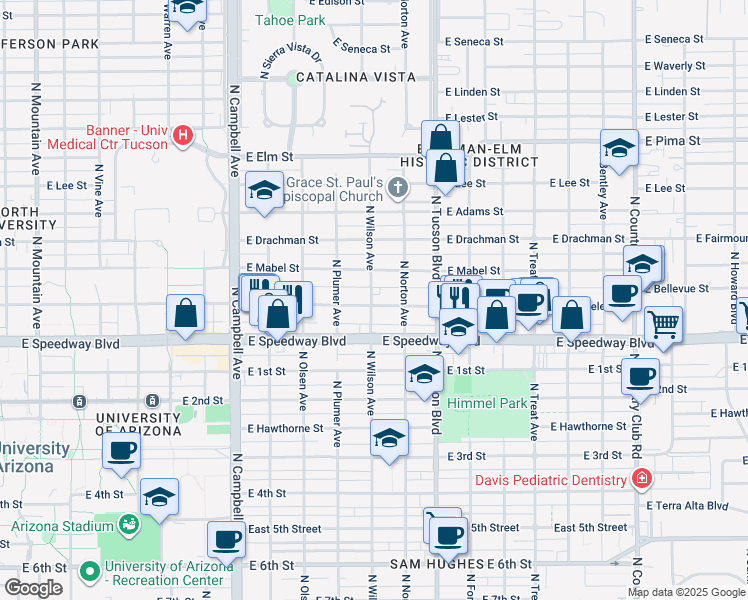 map of restaurants, bars, coffee shops, grocery stores, and more near 1221 North Wilson Avenue in Tucson