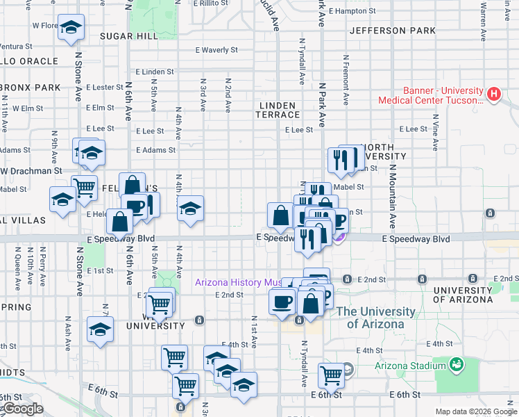 map of restaurants, bars, coffee shops, grocery stores, and more near 1227 North 1st Avenue in Tucson