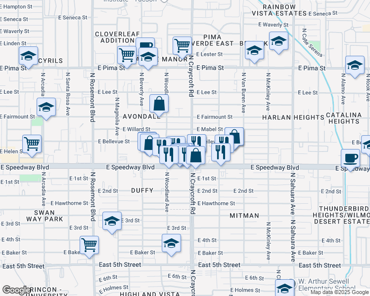 map of restaurants, bars, coffee shops, grocery stores, and more near 5501 East Bellevue Street in Tucson