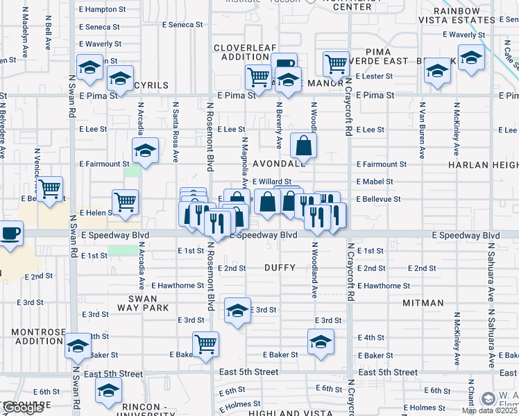 map of restaurants, bars, coffee shops, grocery stores, and more near 5220 East Bellevue Street in Tucson