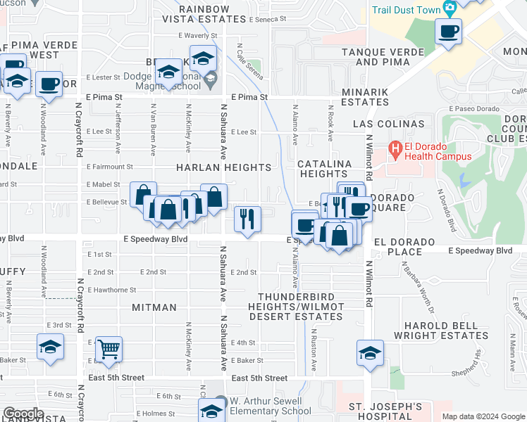 map of restaurants, bars, coffee shops, grocery stores, and more near 1170 North Sonoita Avenue in Tucson