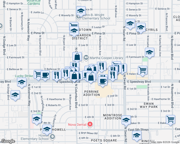 map of restaurants, bars, coffee shops, grocery stores, and more near 4361 East Bellevue Street in Tucson