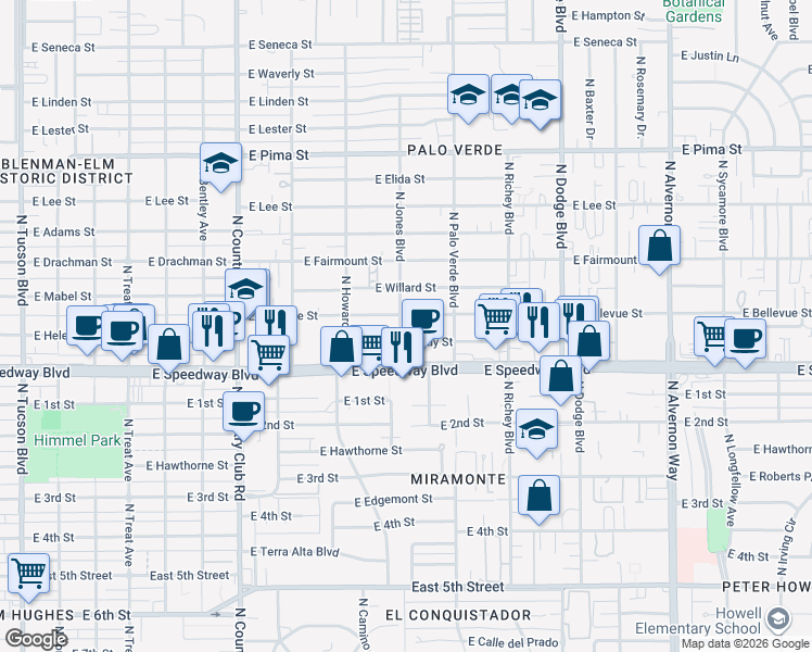 map of restaurants, bars, coffee shops, grocery stores, and more near 1201 North Jones Boulevard in Tucson