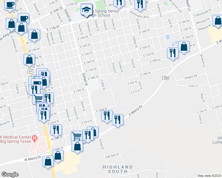 map of restaurants, bars, coffee shops, grocery stores, and more near 3417 East 20th Street in Big Spring