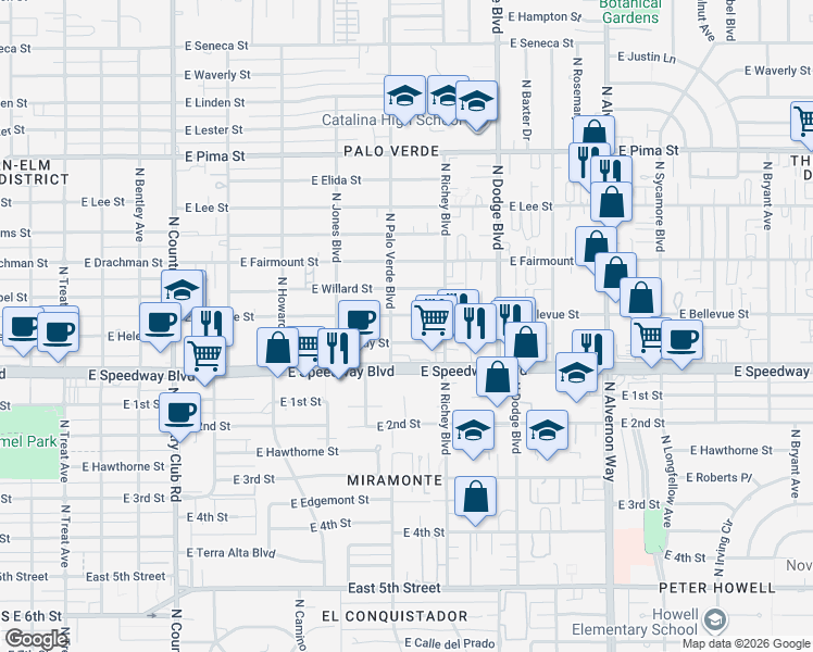 map of restaurants, bars, coffee shops, grocery stores, and more near 3517 East Bellevue Street in Tucson
