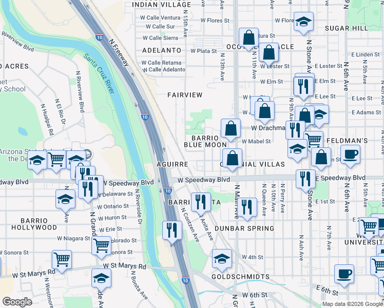 map of restaurants, bars, coffee shops, grocery stores, and more near 664 West Alto Place in Tucson