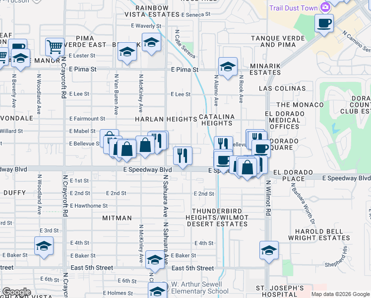 map of restaurants, bars, coffee shops, grocery stores, and more near 5957-5999 East Bellevue Street in Tucson
