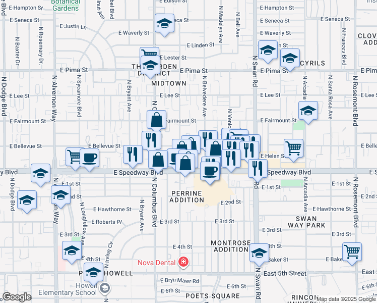 map of restaurants, bars, coffee shops, grocery stores, and more near 4419 East Bellevue Street in Tucson