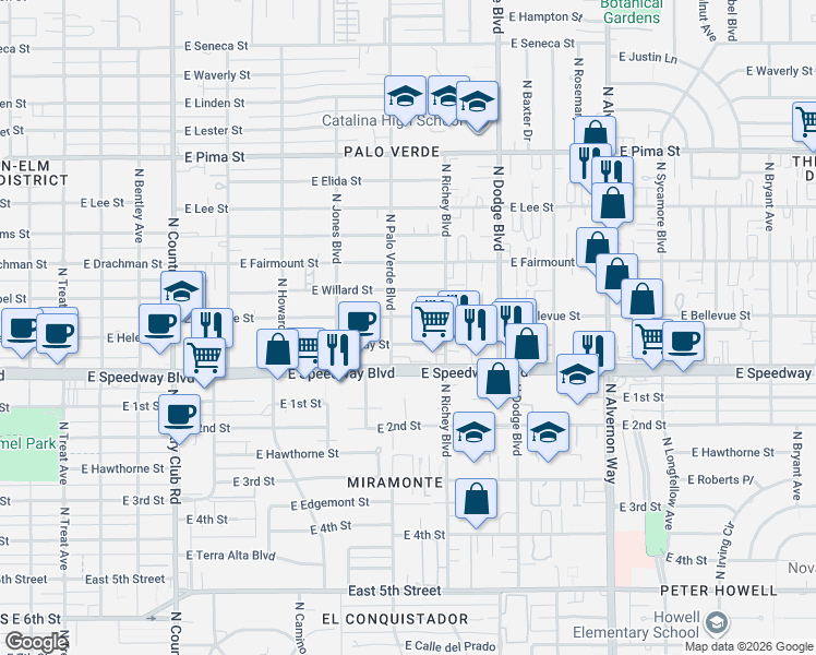 map of restaurants, bars, coffee shops, grocery stores, and more near 3517 East Bellevue Street in Tucson