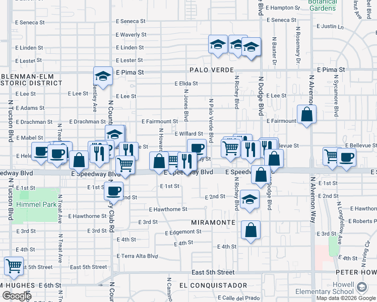 map of restaurants, bars, coffee shops, grocery stores, and more near 1201 North Jones Boulevard in Tucson