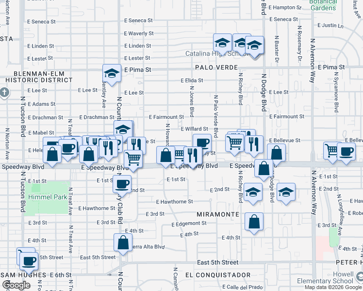 map of restaurants, bars, coffee shops, grocery stores, and more near 3313 East Bellevue Street in Tucson
