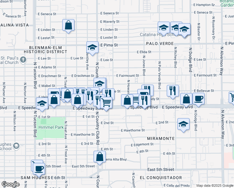 map of restaurants, bars, coffee shops, grocery stores, and more near 3229 East Bellevue Street in Tucson