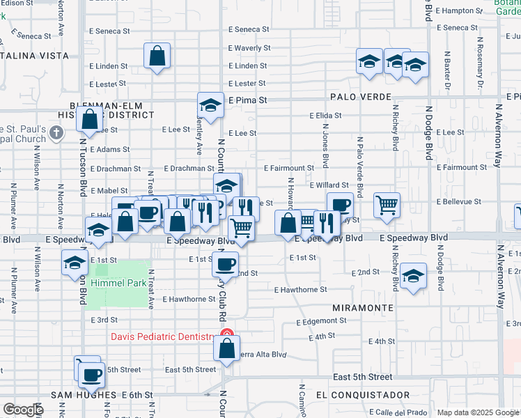 map of restaurants, bars, coffee shops, grocery stores, and more near 1219 North Camilla Boulevard in Tucson