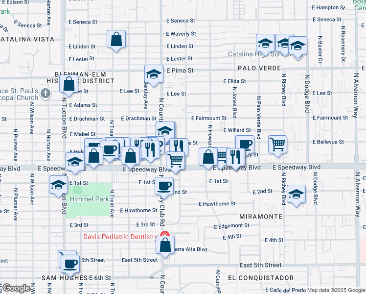 map of restaurants, bars, coffee shops, grocery stores, and more near 1219 North Camilla Boulevard in Tucson