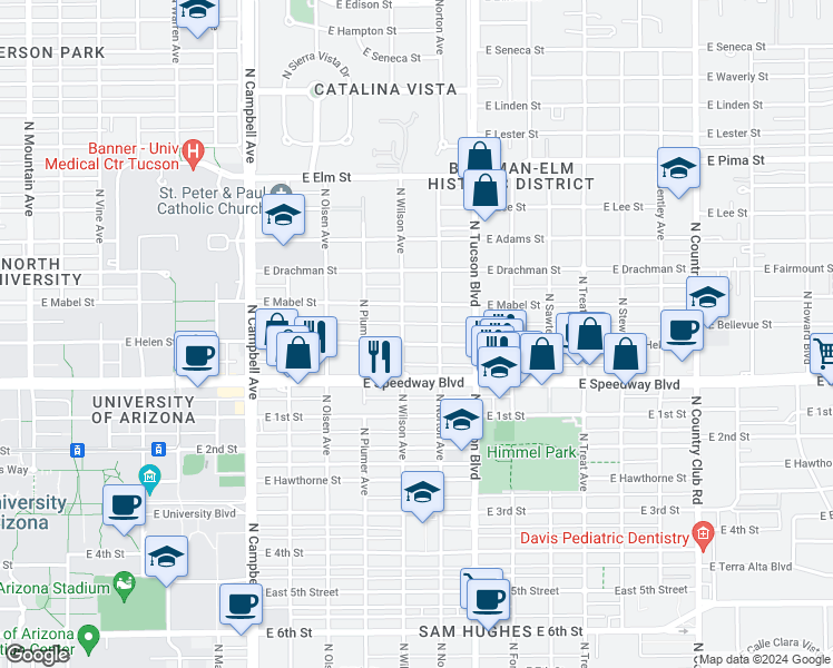 map of restaurants, bars, coffee shops, grocery stores, and more near 1223 North Norton Avenue in Tucson
