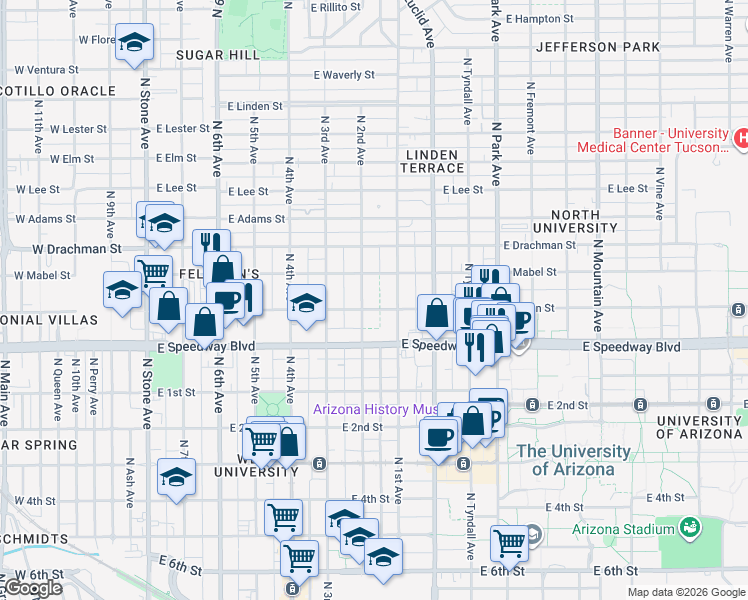 map of restaurants, bars, coffee shops, grocery stores, and more near 1222 North 2nd Avenue in Tucson