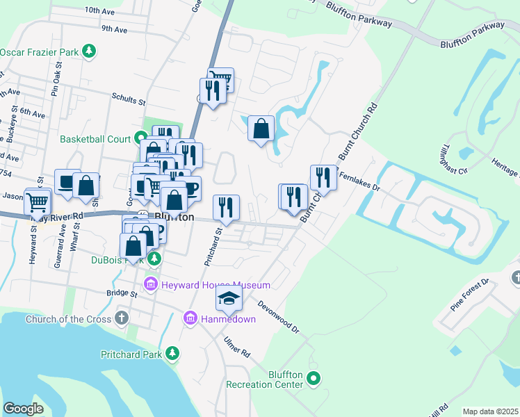 map of restaurants, bars, coffee shops, grocery stores, and more near 15 Hawkes Road in Bluffton