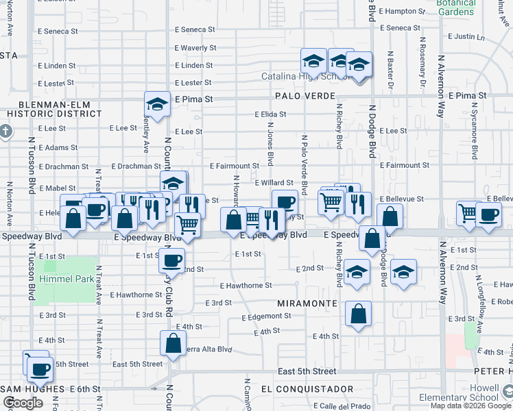 map of restaurants, bars, coffee shops, grocery stores, and more near 3313 East Bellevue Street in Tucson