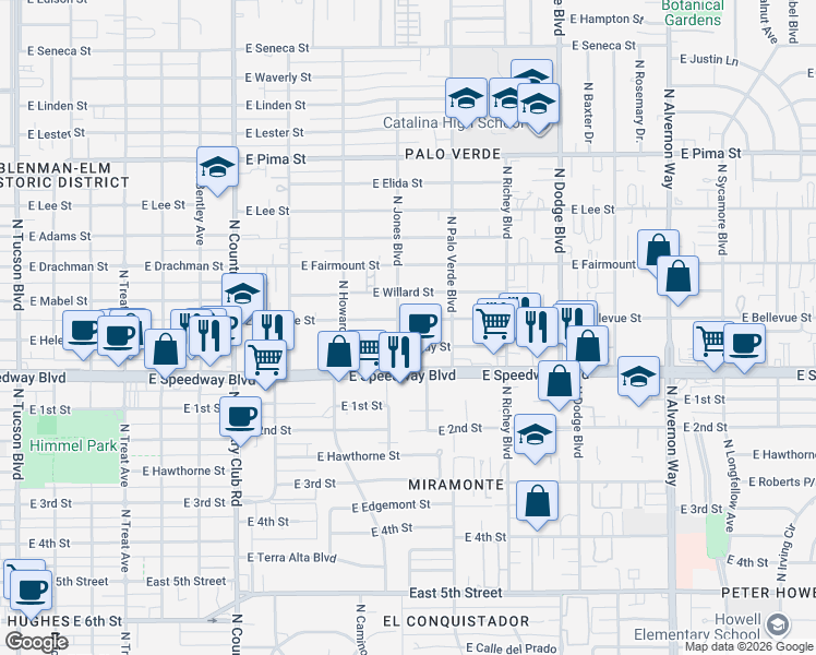 map of restaurants, bars, coffee shops, grocery stores, and more near 1201 North Jones Boulevard in Tucson