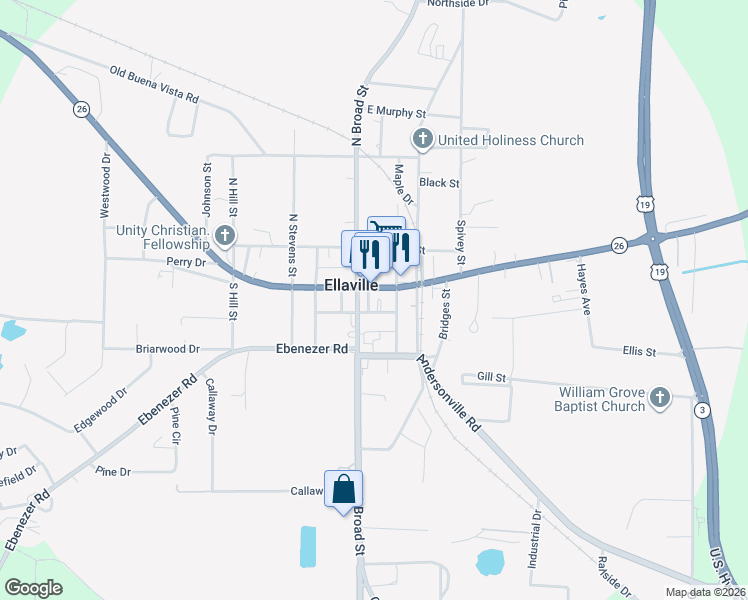 map of restaurants, bars, coffee shops, grocery stores, and more near 27 Main Street in Ellaville
